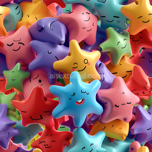 Seamless 3D Inflated PBR Texture Featuring Multicolor Soft Star-Shaped Padding with Expressive Faces