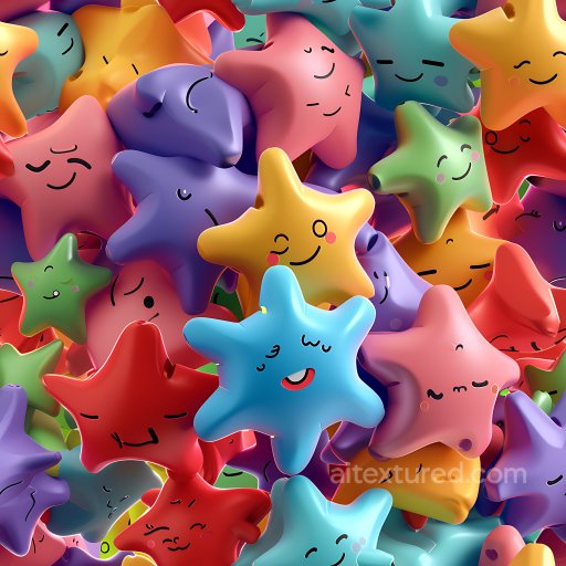 Inflated PBR Texture Featuring Multicolor Soft Star-Shaped Padding with Expressive Faces seamless Inflated PBR texture