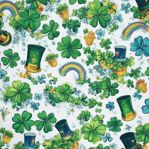 Seamless 3D PBR Texture Featuring St Patrick Shamrocks, Leprechaun Hats & Rainbows