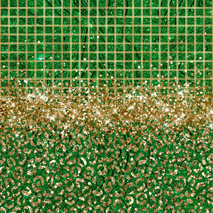 Green Glitter Fabric with Gold Grid and Leopard Pattern seamless PBR texture preview
