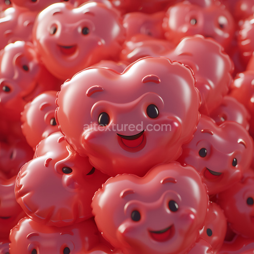 Seamless 3D Inflated PBR Texture Featuring Glossy Red Heart-Shaped Balloons with Smiling Faces