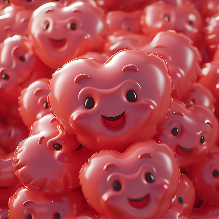 Inflated Featuring Glossy Red Heart-Shaped Balloons with Smiling Faces seamless PBR texture preview