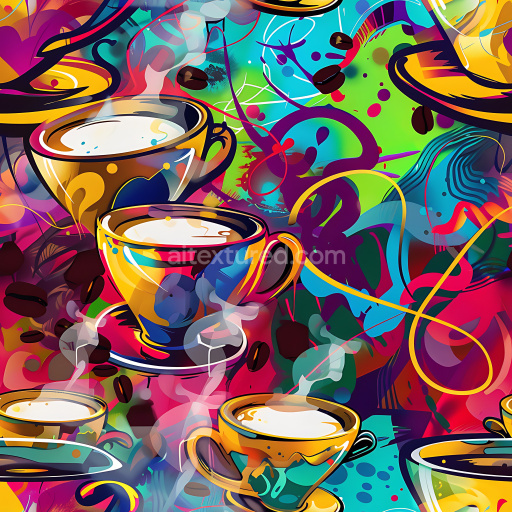 Preview — Seamless 3D PBR Graffiti Texture Featuring Colorful Coffee Cups and Abstract Street Art