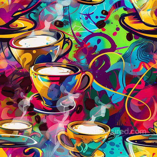 Seamless 3D PBR Graffiti Texture Featuring Colorful Coffee Cups and Abstract Street Art texture preview