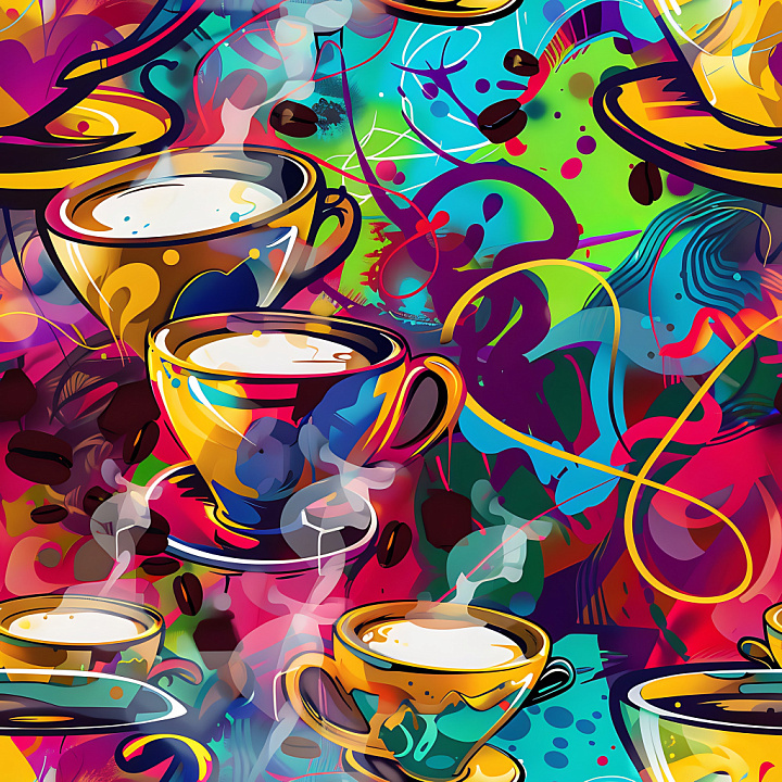 Graffiti Featuring Colorful Coffee Cups and Abstract Street Art seamless PBR texture preview