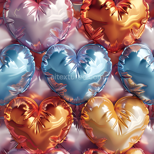 Seamless 3D Inflated PBR Texture of Metallic Heart-Shaped Balloons in Blue, Gold, and Copper
