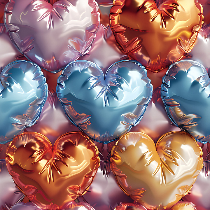 Inflated of Metallic Heart-Shaped Balloons in Blue, Gold, and Copper seamless PBR texture preview