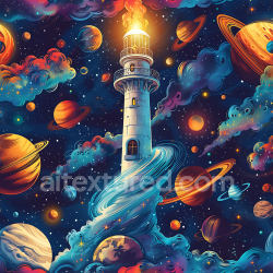 seamless Seamless 3D Space PBR Texture Featuring Cosmic Lighthouse Amidst Vibrant Galaxy Planets and Nebula Clouds texture 8k free download PBR