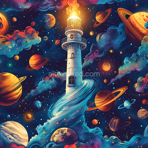 Seamless 3D Space PBR Texture Featuring Cosmic Lighthouse Amidst Vibrant Galaxy Planets and Nebula Clouds