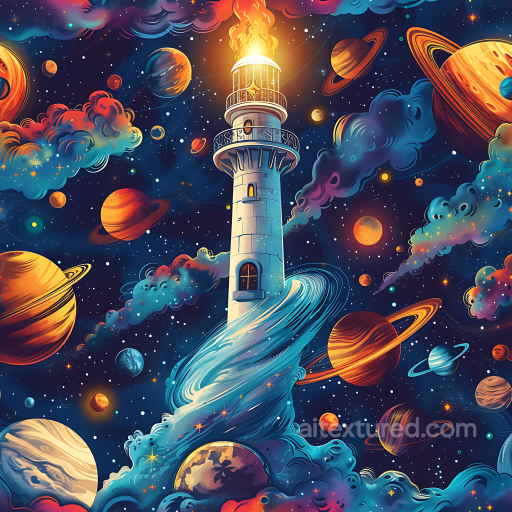 Space PBR Texture Featuring Cosmic Lighthouse Amidst Vibrant Galaxy Planets and Nebula Cl… seamless Star, space, planets PBR texture