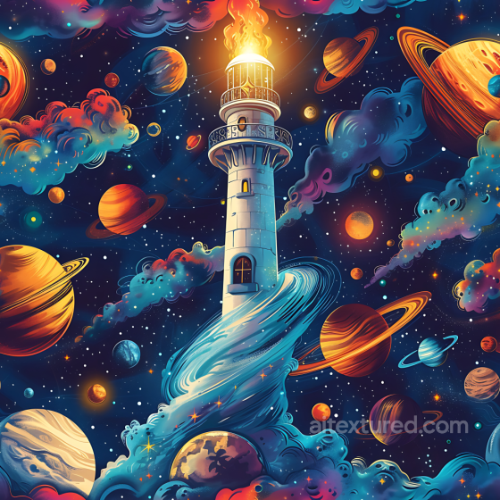 Space PBR Texture Featuring Cosmic Lighthouse Amidst Vibrant Galaxy Planets and Nebula Cl… Star, space, planets texture preview