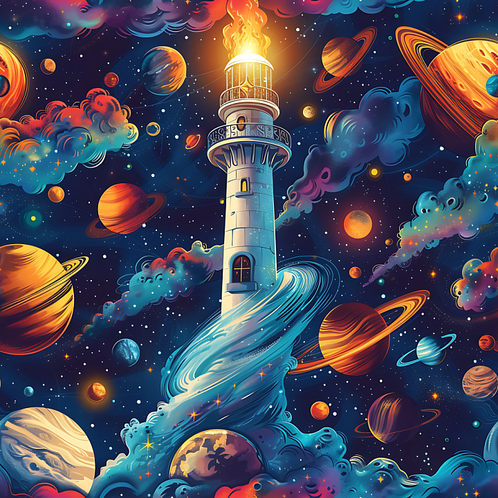 Space Featuring Cosmic Lighthouse Amidst Vibrant Galaxy Planets and Neb… seamless PBR texture preview