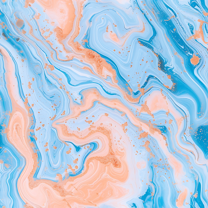 Baby Blue and Peach Marble with Fluid Veins and Metallic Speckles seamless PBR texture preview
