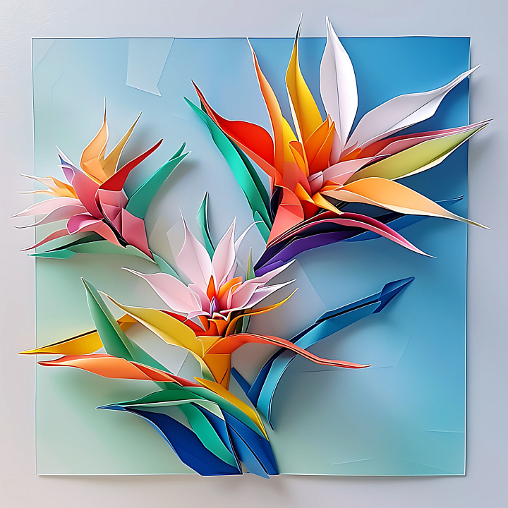 Origami Birds of Paradise with Vivid Multicolor Folds seamless PBR texture preview