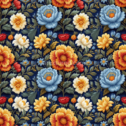 Seamless 3D PBR Texture of Detailed Embroidered Floral Pattern in Rich Colors