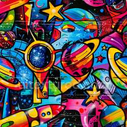 seamless Seamless 3D PBR Graffiti Texture Featuring Vibrant Space Elements and Abstract Shapes texture 8k free download PBR