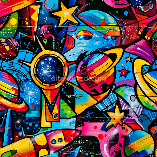 Seamless 3D PBR Graffiti Texture Featuring Vibrant Space Elements and Abstract Shapes