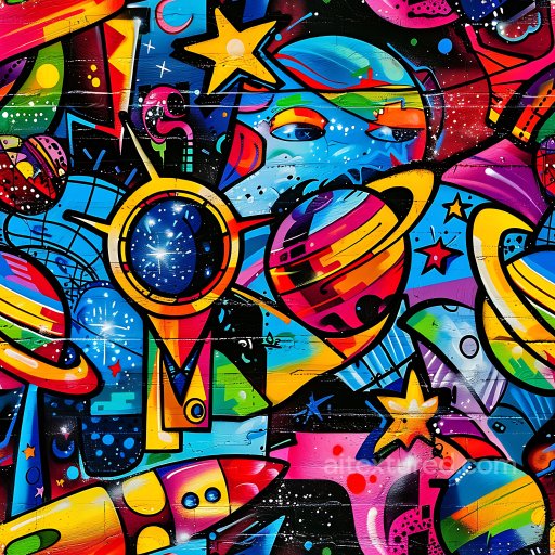 Seamless 3D PBR Graffiti Texture Featuring Vibrant Space Elements and Abstract Shapes texture preview