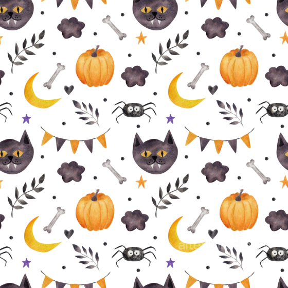 Watercolor Halloween Texture with Cats, Pumpkins, and Spiders Watercolor Halloween texture preview