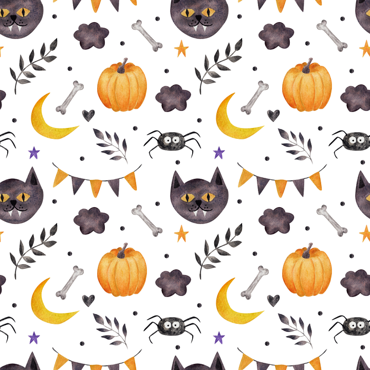 Watercolor Halloween with Cats, Pumpkins, and Spiders seamless PBR texture preview