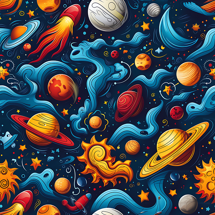 Stylized Cosmic Space with Planets and Nebula Swirls seamless PBR texture preview