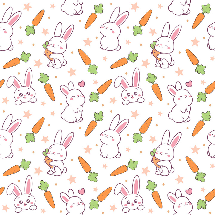 Pattern Featuring Adorable Bunny and Carrot Motifs in Pastel Colors seamless PBR texture preview