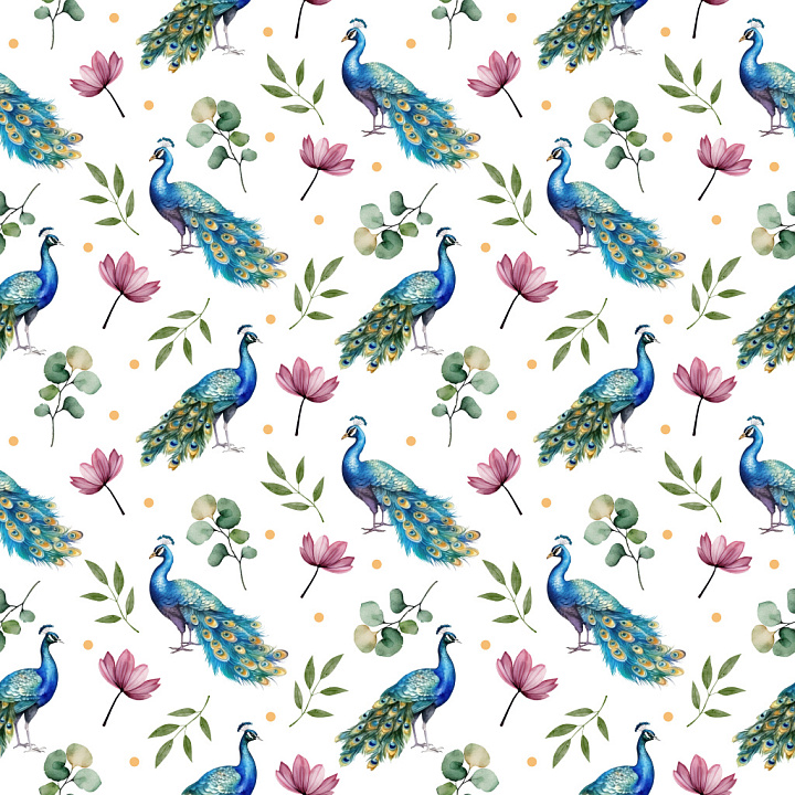 Pattern with Watercolor Peacock Motifs and Botanical Accents seamless PBR texture preview
