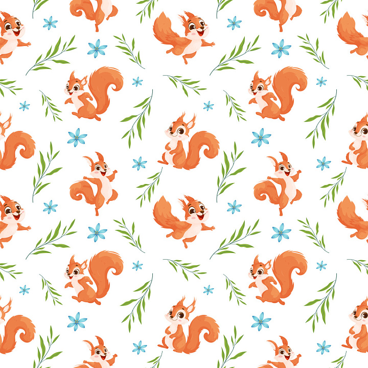 Pattern Featuring Playful Squirrels with Botanical Motifs in Bright Col… seamless PBR texture preview