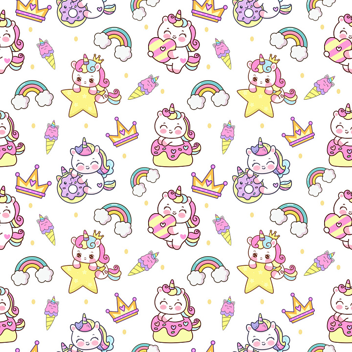 Pattern Featuring Cute Kawaii Unicorns and Colorful Cartoon Motifs seamless PBR texture preview