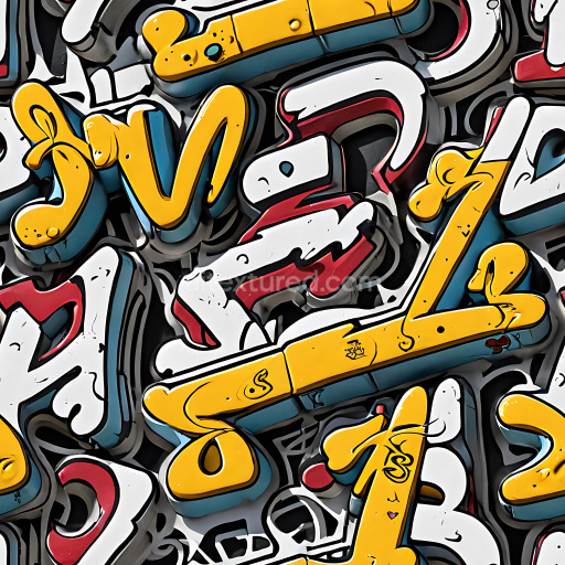 Seamless 3D PBR Graffiti Texture with Bold Yellow, White, Red and Blue Lettering