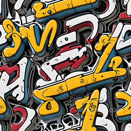 Seamless 3D PBR Graffiti Texture with Bold Yellow, White, Red and Blue Lettering texture preview