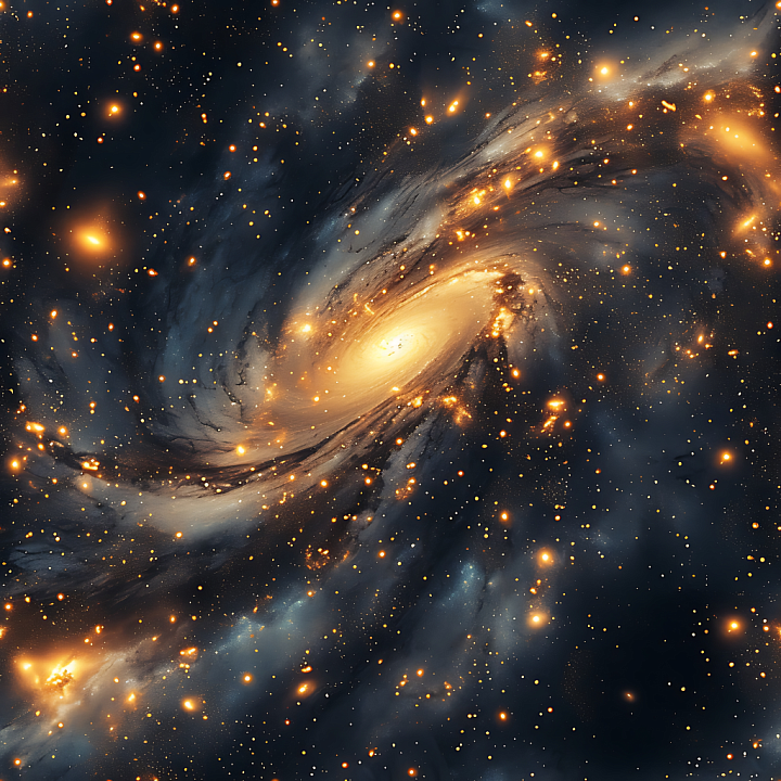 Space Featuring a Glowing Spiral Galaxy with Starfield and Cosmic Clouds seamless PBR texture preview