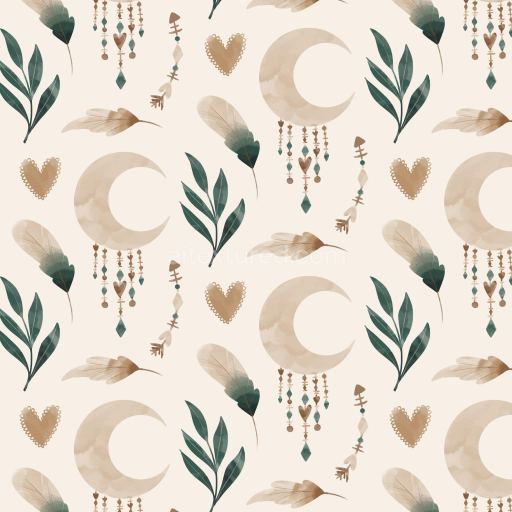 Seamless 3D PBR Boho Texture with Moon, Feathers & Leaves in Earth Tones