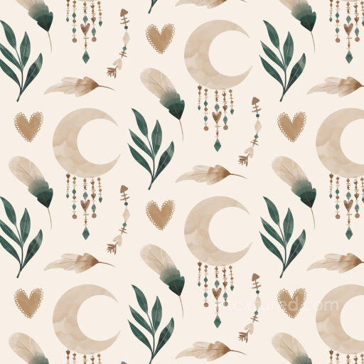 Boho Texture with Moon, Feathers & Leaves in Earth Tones seamless Boho Seamless PBR texture