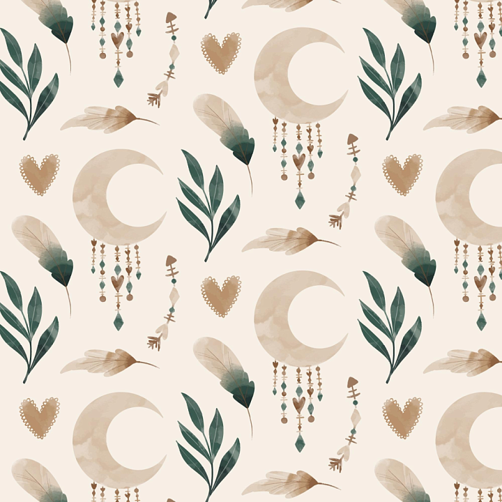 Boho with Moon, Feathers & Leaves in Earth Tones seamless PBR texture preview