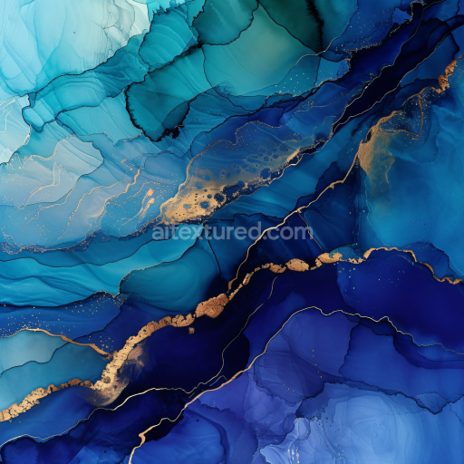 Seamless 3D Alcohol Ink PBR Texture Featuring Deep Blue and Gold Fluid Swirls