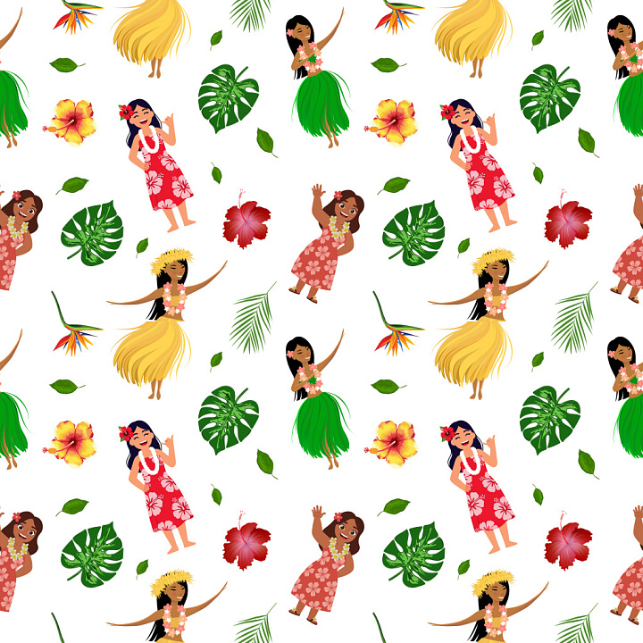 Pattern of Hawaiian Women & Tropical Motifs on White seamless PBR texture preview