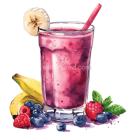 Breakfast Berry and Banana Smoothie with Fresh Berries and Mint Illustration