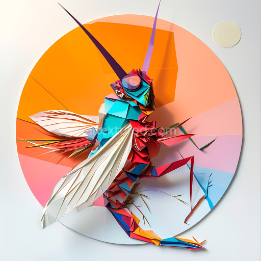 Seamless 3D PBR texture featuring vibrant origami cricket with geometric wings and angular shapes