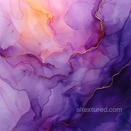 Alcohol Ink PBR Texture Featuring Rich Purple Flow and Elegant Gold Veining seamless Alcohol ink PBR texture