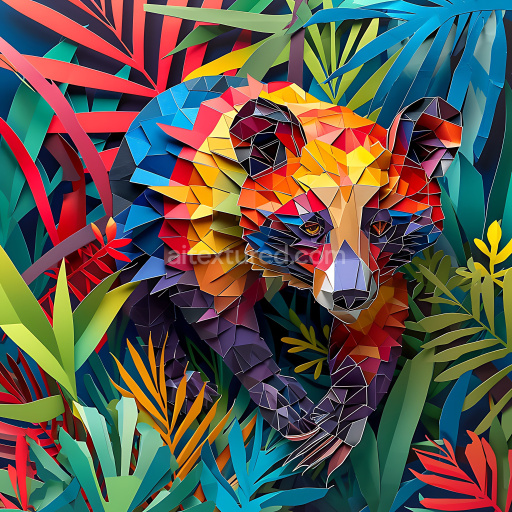 Seamless 3D PBR Texture of Vibrant Origami Asian Palm Civet and Tropical Foliage