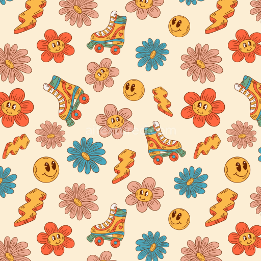 Seamless 3D PBR Texture with Colorful Happy Face Pattern and Retro Motifs