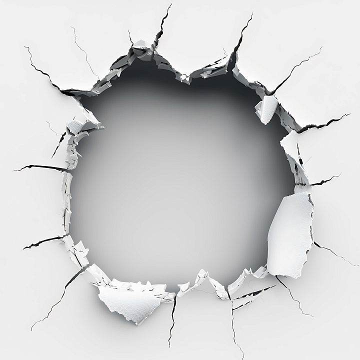 Cracked White Plaster Wall with Jagged Holes and Fractures seamless PBR texture preview