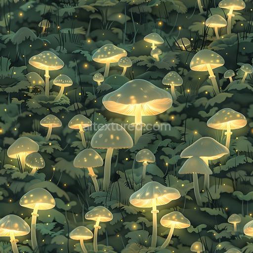Seamless 3D Glowing Mushroom Camouflage PBR Texture with Soft Green Foliage and Luminous Fungi