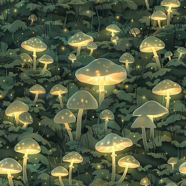 Glowing Mushroom Camouflage with Soft Green Foliage and Luminous Fungi seamless PBR texture preview