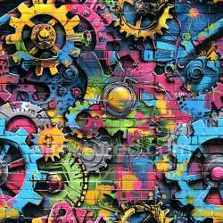 seamless Seamless 3D PBR Graffiti Texture Featuring Vibrant Mechanical Gear Art on Brick Wall texture 8k free download PBR