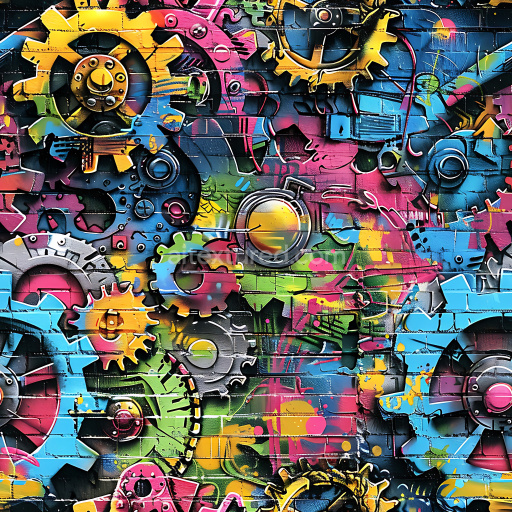 Seamless 3D PBR Graffiti Texture Featuring Vibrant Mechanical Gear Art on Brick Wall