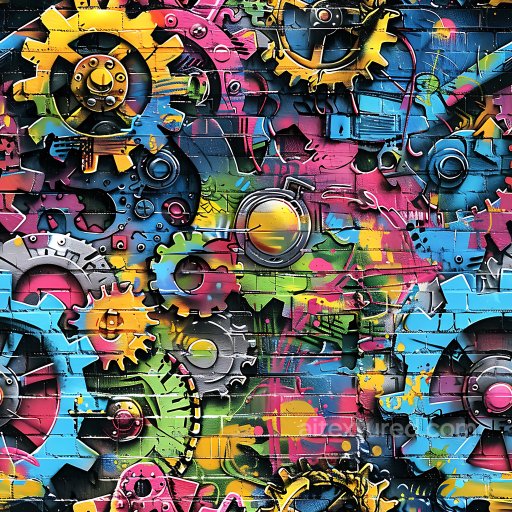 Seamless 3D PBR Graffiti Texture Featuring Vibrant Mechanical Gear Art on Brick Wall texture preview