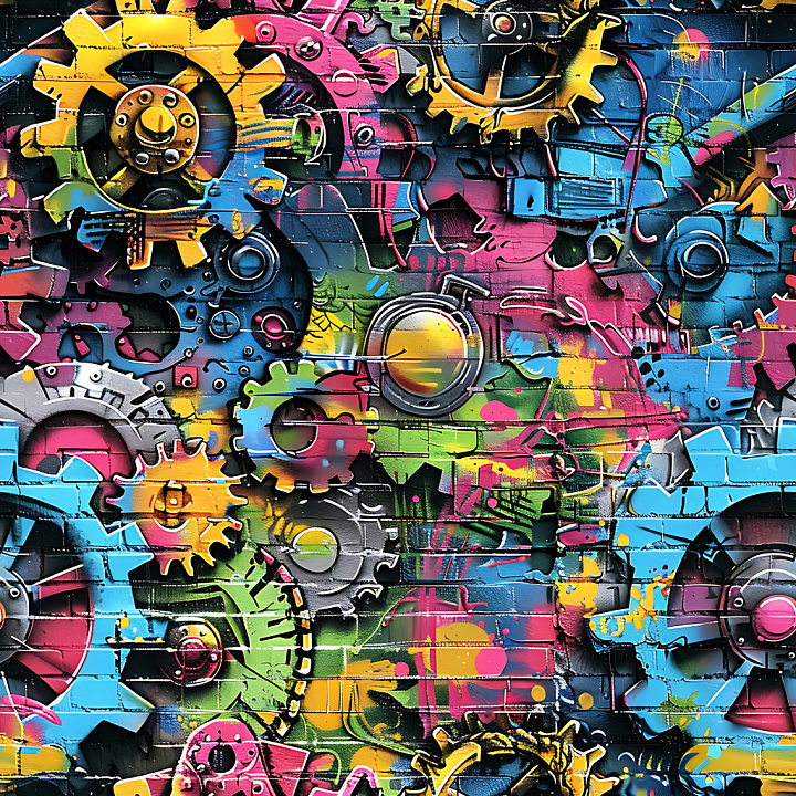 Graffiti Featuring Vibrant Mechanical Gear Art on Brick Wall seamless PBR texture preview