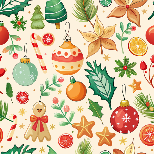 Seamless 3D PBR Watercolor Christmas Ornament and Foliage Pattern Texture